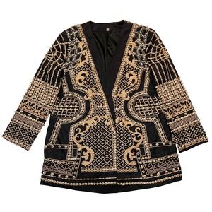Black Gold Pearl Embellished Glamorous‎ Art Deco Party Blazer Jacket Size 4XL